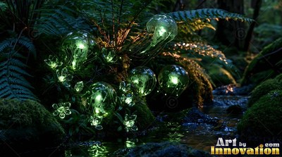 Clustered low in a dark forest, round green mushrooms light the moss