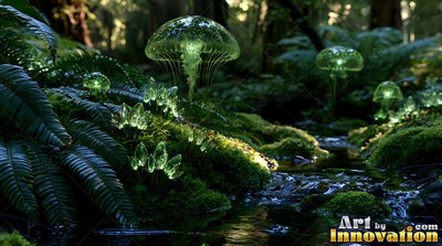Translucent green jellyfish mushrooms grow on moss beside a forest creek