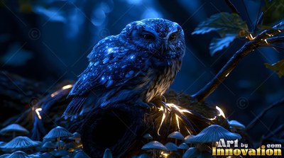 On a dark branch over blue mushrooms, a small owl rests covered in tiny bright spots
