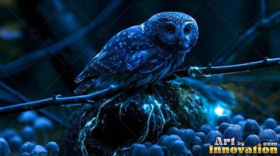 A small spotted owl perching on a mossy branch in blue light