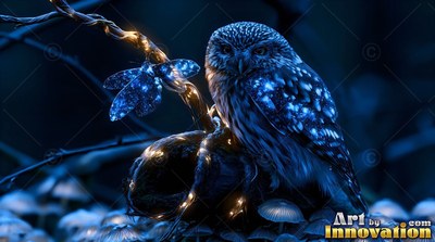 Speckled blue feathers cover a small owl perched on lit vine branches at night