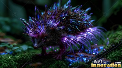 A small hedgehog walks over moss with bright purple crystal quills that shine
