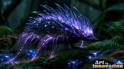 Walking side-view on a mossy log, a purple spiny creature with clear tentacles