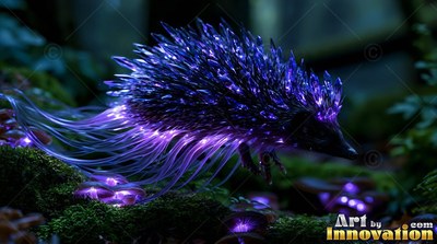 A little hedgehog with bright purple crystal spines walks on dark green moss