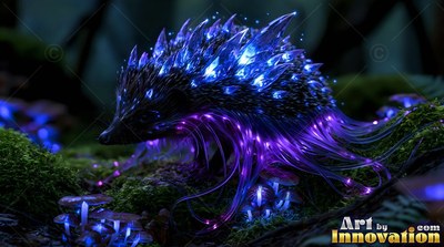 In a dark mossy forest, a small hedgehog walks with bright blue and purple crystal quills
