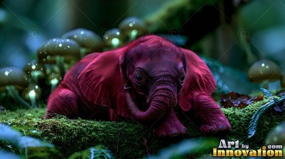 Resting on a mossy log, a tiny red elephant sits near shiny green mushrooms
