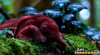 A tiny red elephant rests on green moss by blue mushrooms