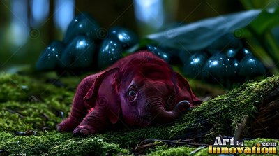 Wrinkled red skin wraps a tiny elephant resting on green moss near dark blue mushrooms