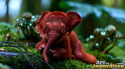 A tiny red elephant rests on green moss beside small mushrooms shining with pale light