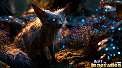 Sitting low in a dark forest, a scruffy fox looks up beside blue mushrooms