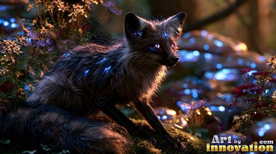 A dark fox with bright blue spots sits in a dim patch of forest mushrooms