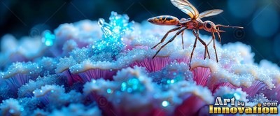 On frosted blue and pink coral, a winged brown insect stands still