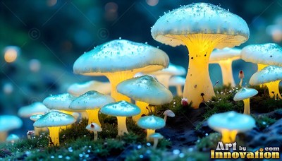 Shining with yellow light, pale blue mushrooms cluster on mossy ground