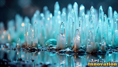 Pointed blue crystal spires rising from dark wet ground