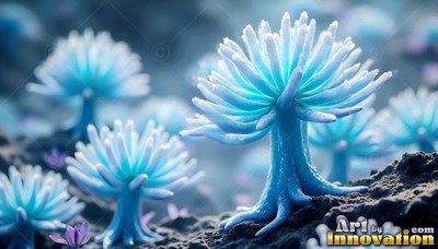 Pointed blue petals crown a mushroom plant growing from dark rocky soil in soft light