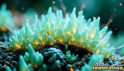 Arched low on dark soil, a spiky green sea slug shines with pale light
