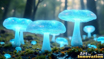Bright blue mushrooms shine softly across a dark mossy forest floor