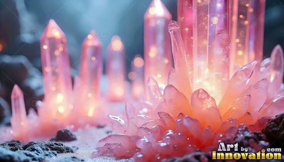 On a dark ground, bright pink crystal clusters shine with warm light