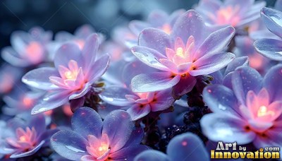 Shining from within, purple flowers open with bright pink centers in a field