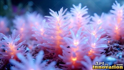 Pink crystal pine-like plants shine orange from within