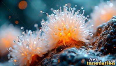 Dew drops on thin white spines, tiny plant blooms sit along a dark bumpy surface with warm yellow light inside