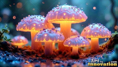 Mushrooms sprout on mossy soil with warm yellow light under their pale caps