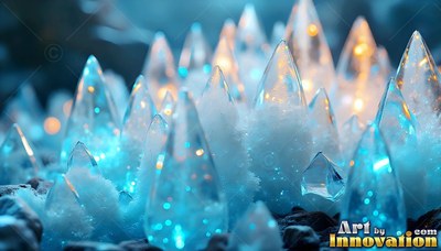 Pointed upright on dark ground, frosty crystal cones shine with warm lights