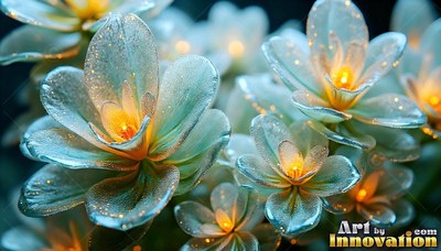 Glassy blue flowers shine with warm yellow light in their centers