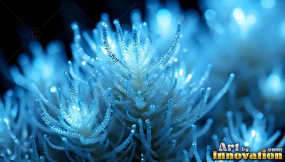 In the dark, bright blue frosted plant fronds rise with tiny beads