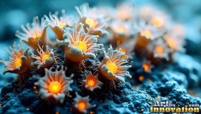 Opening across blue rock, small cup-shaped flowers shine with bright yellow centers
