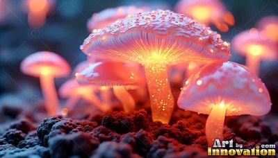 Pink mushrooms with bright yellow stalks growing on dark soil