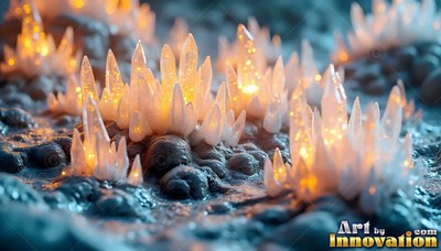 Clusters of pointed white crystals shine with warm orange light on bumpy gray ground