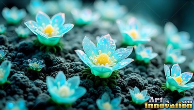 Little turquoise flowers sprout from dark pebbled ground, their yellow centers bright in soft light
