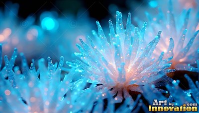 Close up, spiky blue glass flowers shine in a dark field