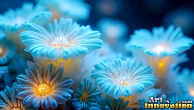Pale blue daisy blossoms shine with warm yellow centers in the dark