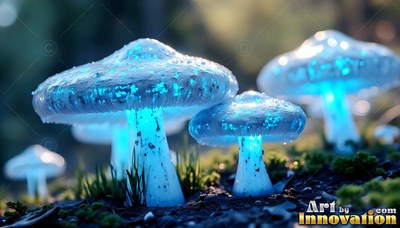 On dark mossy soil, bright blue mushrooms shine in the woods