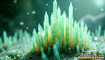 Rising from the dark soil, a cluster of sharp green crystal sp ires stands in soft light