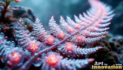 Round red bulbs line the middle of a clear crystal fern resting on dark damp soil