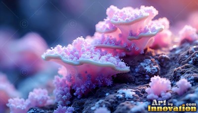 Pink frosted mushrooms grow on rough ground in soft purple light