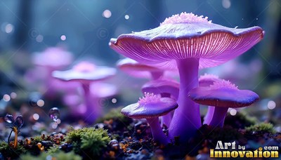 Standing upright on mossy soil, purple mushrooms shine under blue light