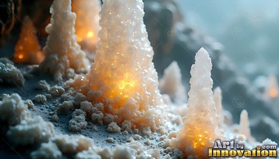 White crystal spires shine with warm orange light inside an icy cave
