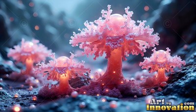 On a dark rocky ground, pink tree-like mushrooms sprout with round bulbs