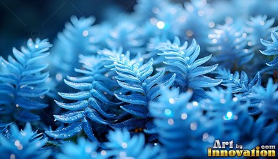 Spreading across the ground, small blue fern fronds shine with tiny bright spots