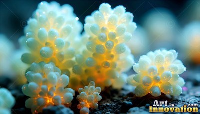 Pale beaded fungi lit from within by warm yellow light