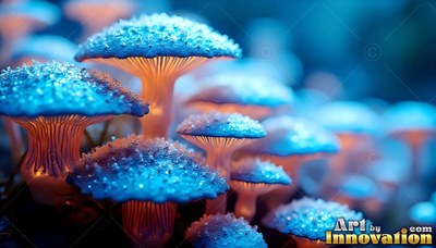 Frosted blue caps crown tiny wild mushrooms growing in a soft dark forest