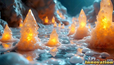 Pointed crystal cones rise from frosty water, lit with warm yellow light from inside