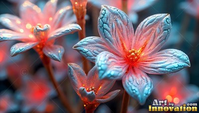 Tilted close up outdoors, pale blue frosted flowers shine with red centers