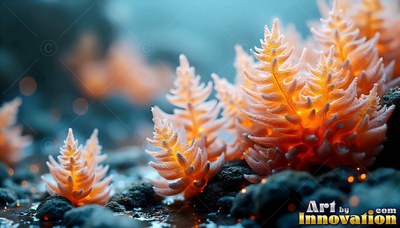 Little orange spiky plants shaped like pine trees rest on dark rocks underwater