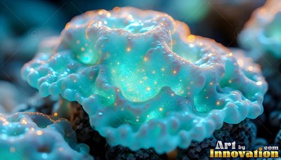 On a dark seabed, ruffled turquoise coral shines with tiny bright specks