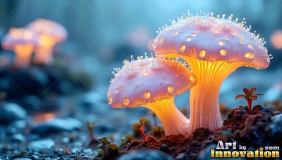 Sprouting from dark soil, two pale mushrooms shine with warm yellow light under their caps